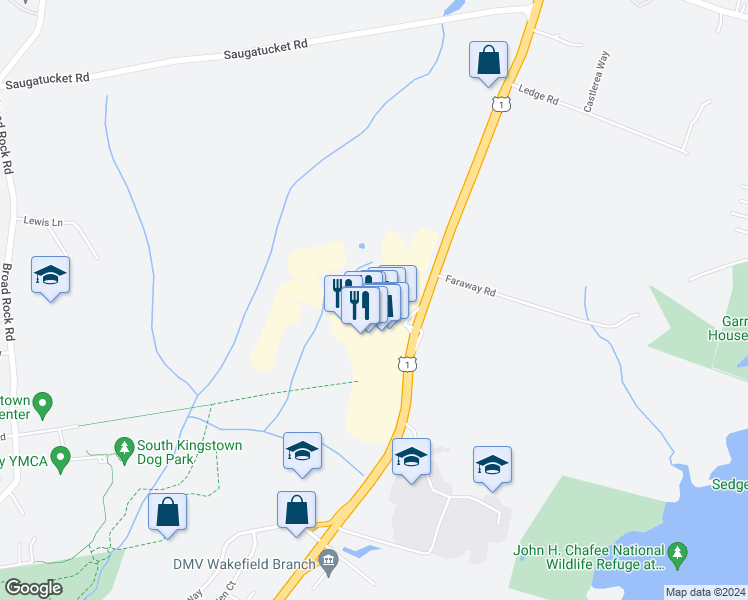 map of restaurants, bars, coffee shops, grocery stores, and more near 34 Grande Isle Drive in South Kingstown