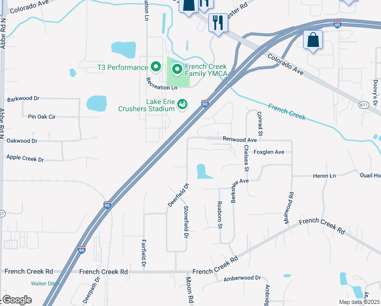 map of restaurants, bars, coffee shops, grocery stores, and more near 2383 Deerfield Drive in Avon