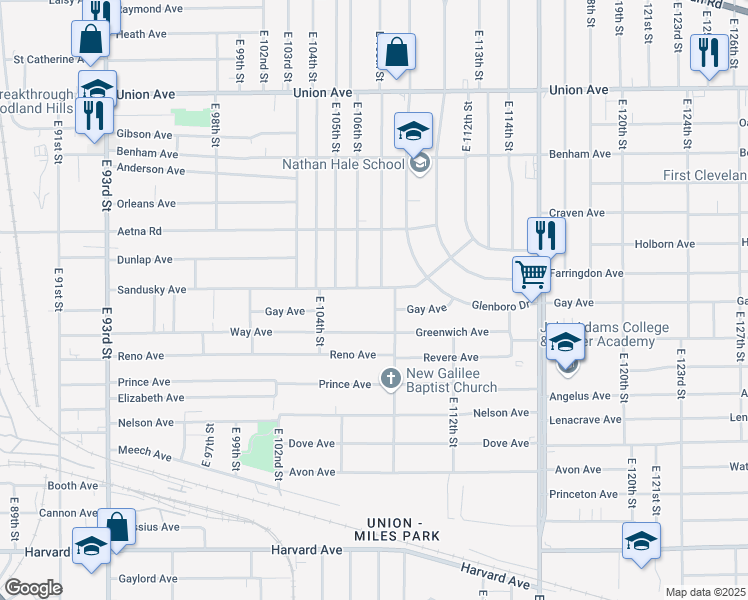 map of restaurants, bars, coffee shops, grocery stores, and more near 10706 Sandusky Avenue in Cleveland
