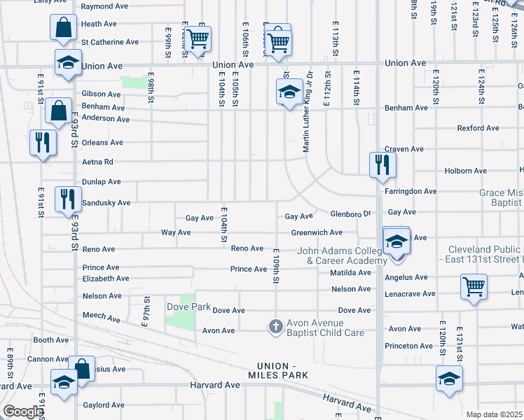 map of restaurants, bars, coffee shops, grocery stores, and more near 10706 Sandusky Avenue in Cleveland
