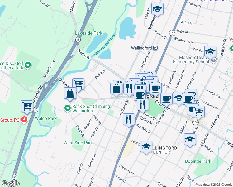 map of restaurants, bars, coffee shops, grocery stores, and more near 112 Washington Street in Wallingford