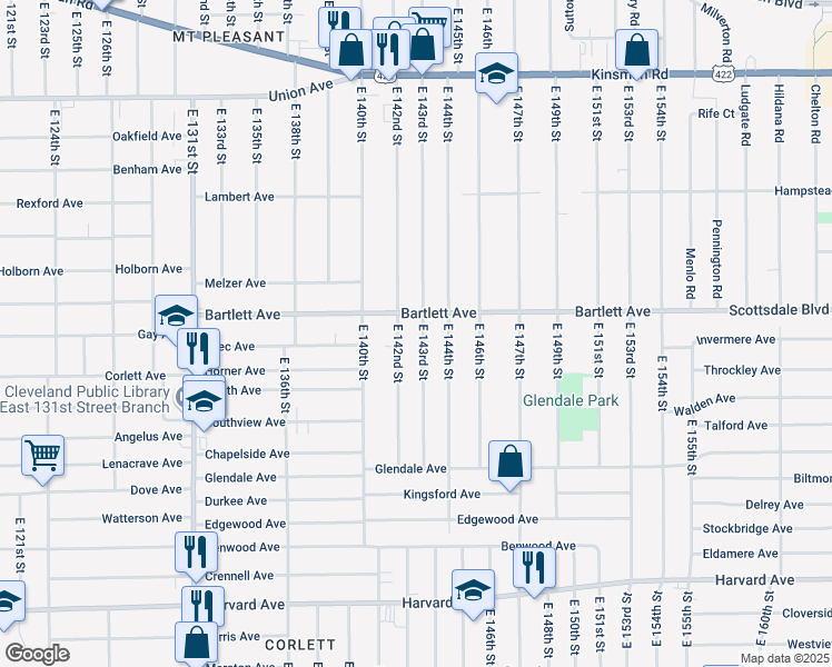 map of restaurants, bars, coffee shops, grocery stores, and more near in Cleveland