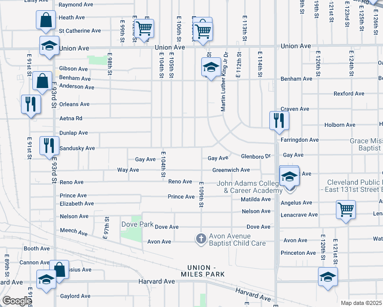 map of restaurants, bars, coffee shops, grocery stores, and more near 10520 Sandusky Avenue in Cleveland