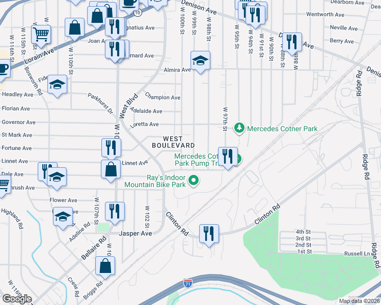 map of restaurants, bars, coffee shops, grocery stores, and more near 3539 West 100th Street in Cleveland