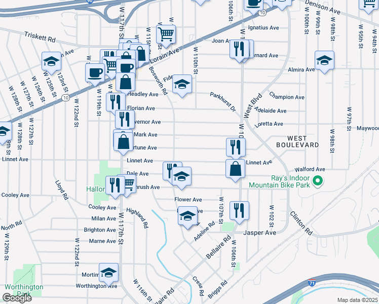 map of restaurants, bars, coffee shops, grocery stores, and more near 11021 Fortune Avenue in Cleveland