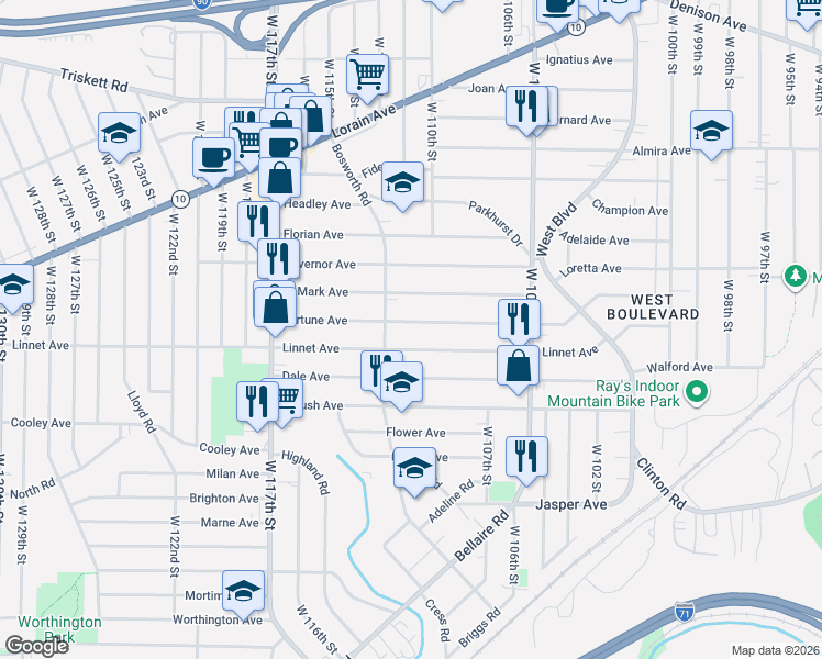 map of restaurants, bars, coffee shops, grocery stores, and more near 11021 Fortune Avenue in Cleveland