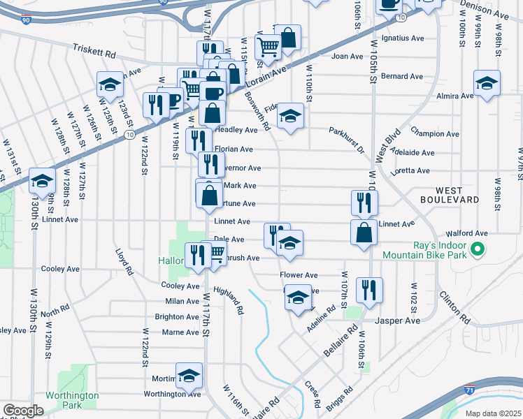 map of restaurants, bars, coffee shops, grocery stores, and more near in Cleveland