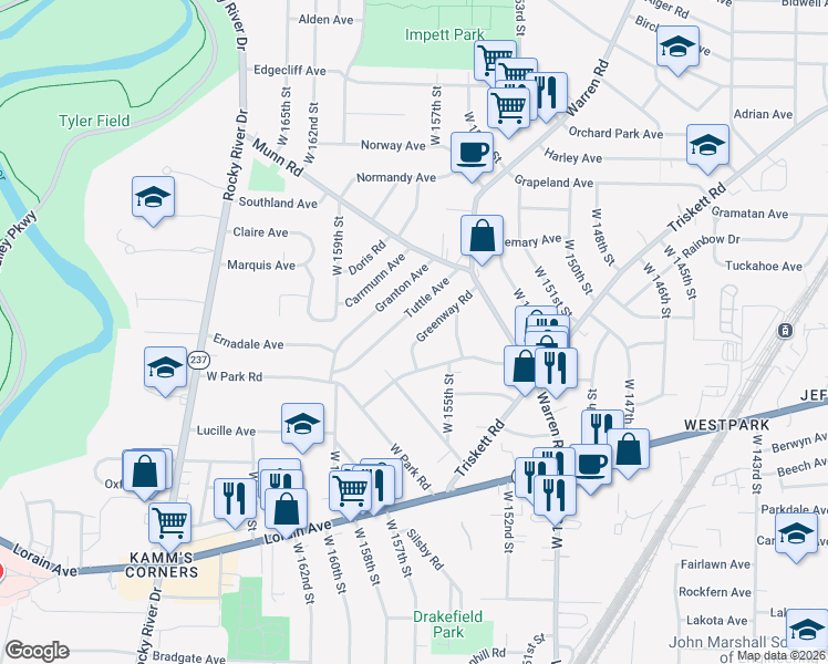 map of restaurants, bars, coffee shops, grocery stores, and more near 15616 Greenway Road in Cleveland