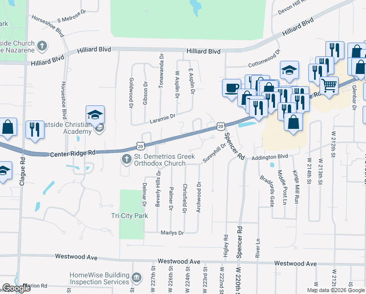 map of restaurants, bars, coffee shops, grocery stores, and more near 36 Nantucket Row in Rocky River