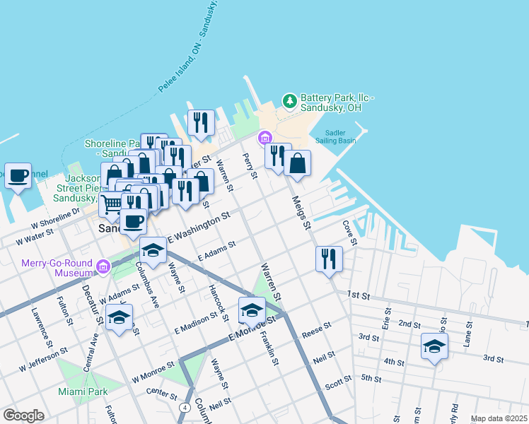 map of restaurants, bars, coffee shops, grocery stores, and more near 322 Perry Street in Sandusky