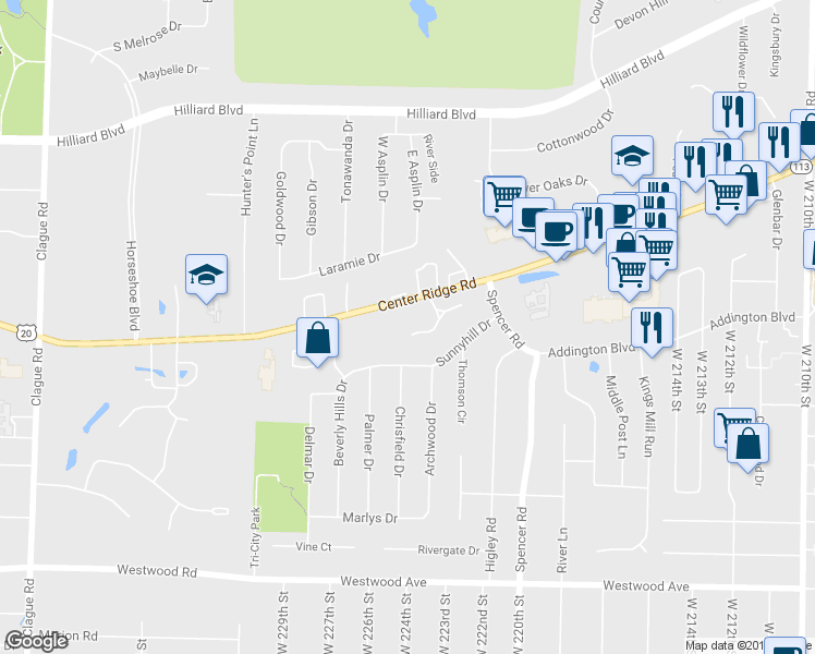 map of restaurants, bars, coffee shops, grocery stores, and more near 36 Nantucket Row in Rocky River