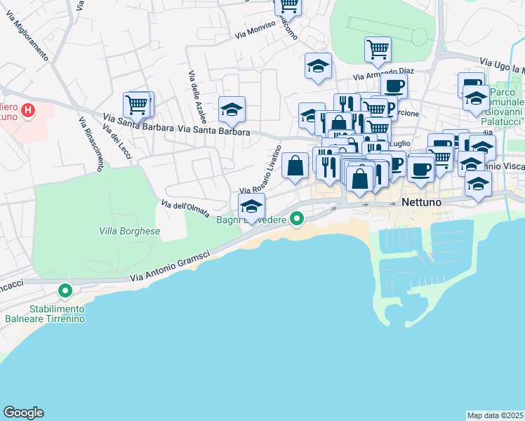 map of restaurants, bars, coffee shops, grocery stores, and more near 9A Via Emilia in Nettuno