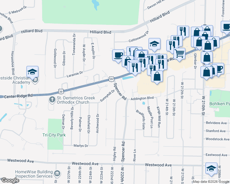 map of restaurants, bars, coffee shops, grocery stores, and more near 3190 Spencer Road in Rocky River