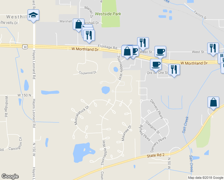 map of restaurants, bars, coffee shops, grocery stores, and more near 1264 Clifty Falls Court in Valparaiso