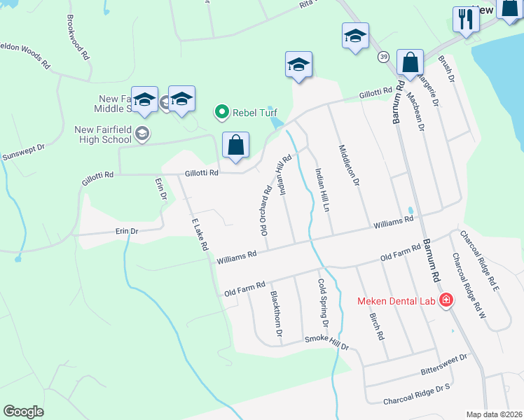 map of restaurants, bars, coffee shops, grocery stores, and more near 2 Old Orchard Road in New Fairfield