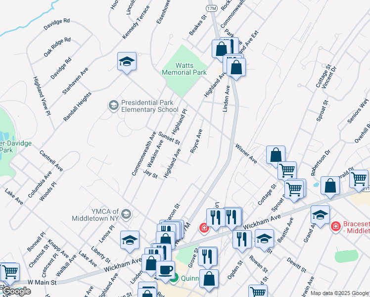 map of restaurants, bars, coffee shops, grocery stores, and more near 174 Highland Avenue in Middletown