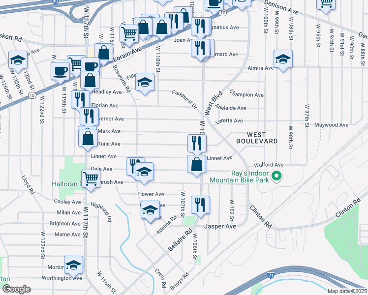 map of restaurants, bars, coffee shops, grocery stores, and more near 10625 Fortune Avenue in Cleveland