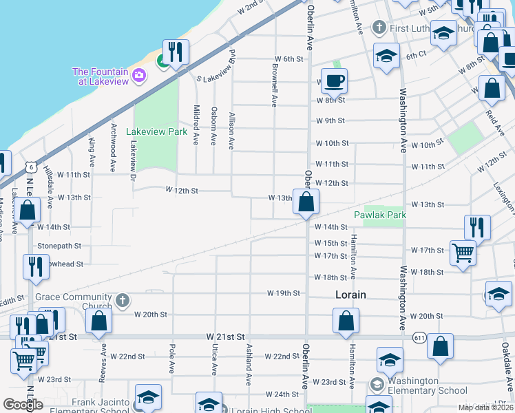 map of restaurants, bars, coffee shops, grocery stores, and more near 1317 West 13th Street in Lorain