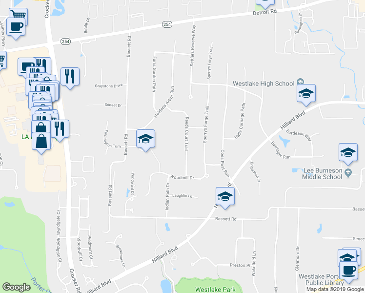 map of restaurants, bars, coffee shops, grocery stores, and more near 1934 Reeds Court Trail in Westlake