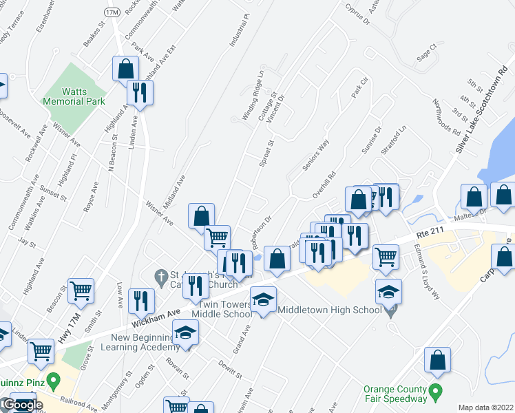 map of restaurants, bars, coffee shops, grocery stores, and more near 80 Sproat Street in Middletown