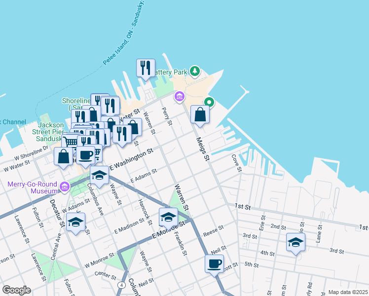 map of restaurants, bars, coffee shops, grocery stores, and more near 322 Perry Street in Sandusky
