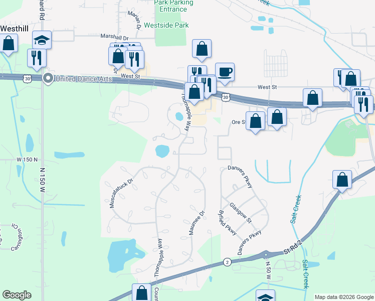 map of restaurants, bars, coffee shops, grocery stores, and more near 1268 Vanderburgh Street in Valparaiso