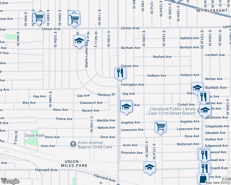 map of restaurants, bars, coffee shops, grocery stores, and more near 3740 East 116th Street in Cleveland