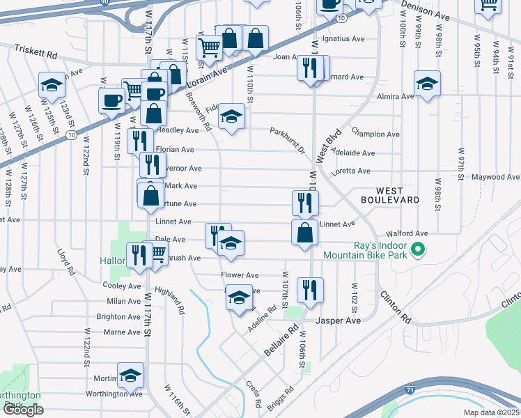 map of restaurants, bars, coffee shops, grocery stores, and more near 10901 Fortune Avenue in Cleveland