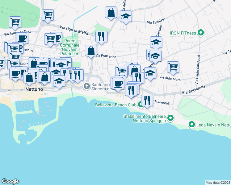map of restaurants, bars, coffee shops, grocery stores, and more near 47 Via della Liberazione in Nettuno