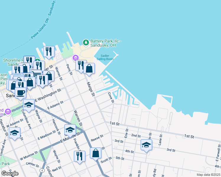 map of restaurants, bars, coffee shops, grocery stores, and more near 811 Curran Street in Sandusky