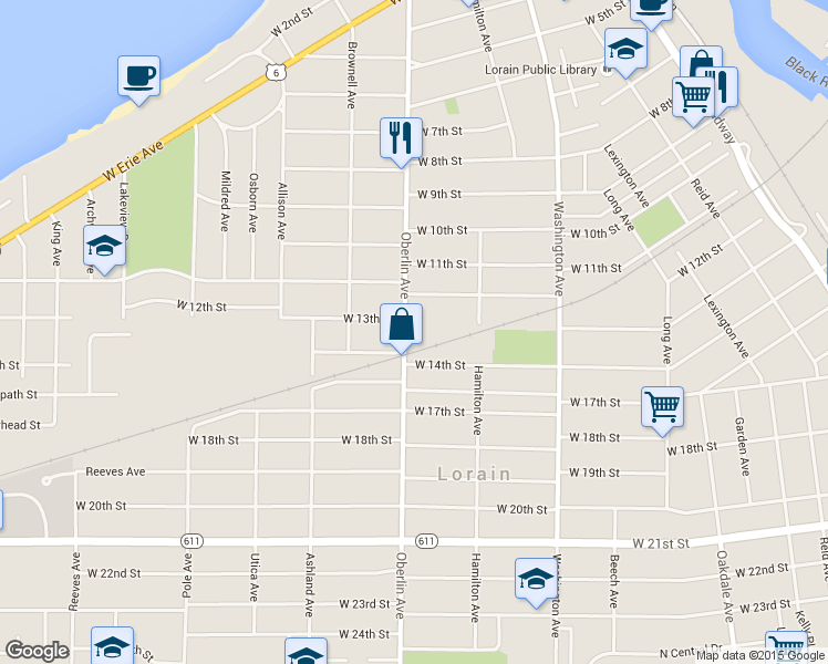 map of restaurants, bars, coffee shops, grocery stores, and more near 1305 Oberlin Ave in Lorain