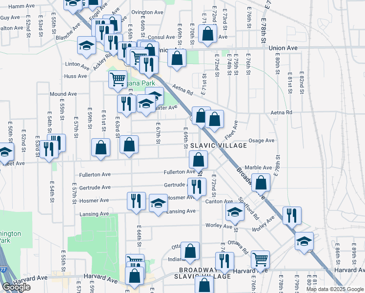 map of restaurants, bars, coffee shops, grocery stores, and more near 3728 East 69th Street in Cleveland