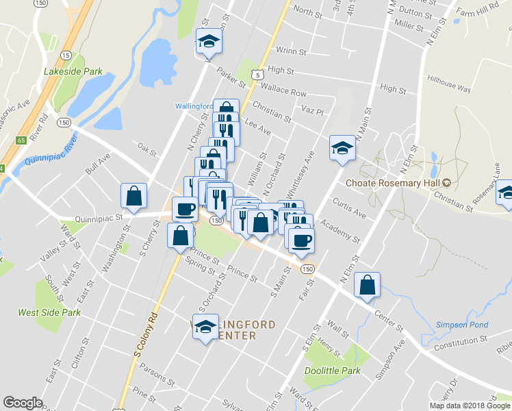 map of restaurants, bars, coffee shops, grocery stores, and more near 56 North Orchard Street in Wallingford