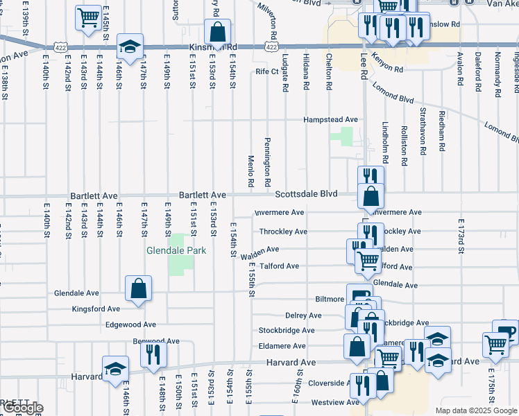 map of restaurants, bars, coffee shops, grocery stores, and more near 15509 Invermere Avenue in Cleveland
