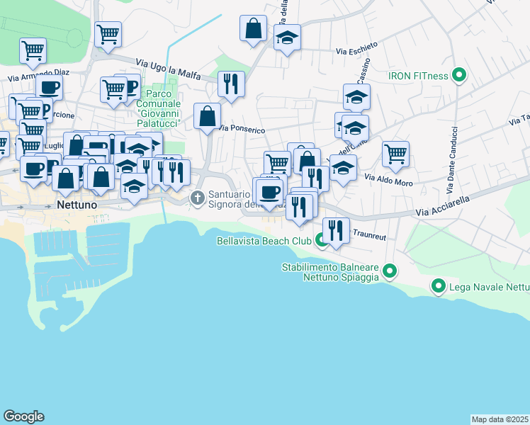 map of restaurants, bars, coffee shops, grocery stores, and more near 47 Via della Liberazione in Nettuno