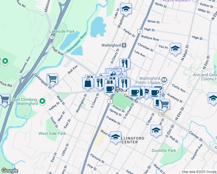 map of restaurants, bars, coffee shops, grocery stores, and more near 51 Quinnipiac St in Wallingford
