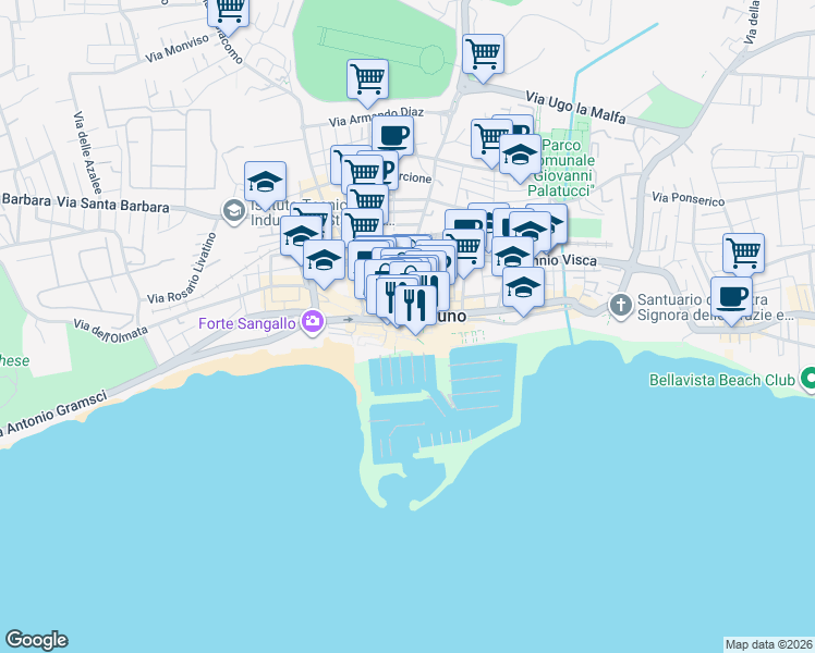 map of restaurants, bars, coffee shops, grocery stores, and more near 23 Piazza Giuseppe Mazzini in Nettuno