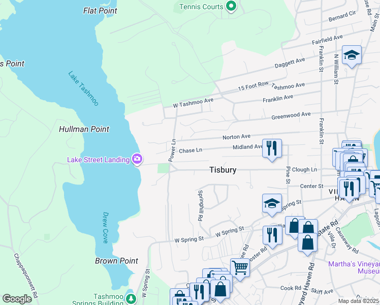 map of restaurants, bars, coffee shops, grocery stores, and more near 41 Chase Lane in Tisbury