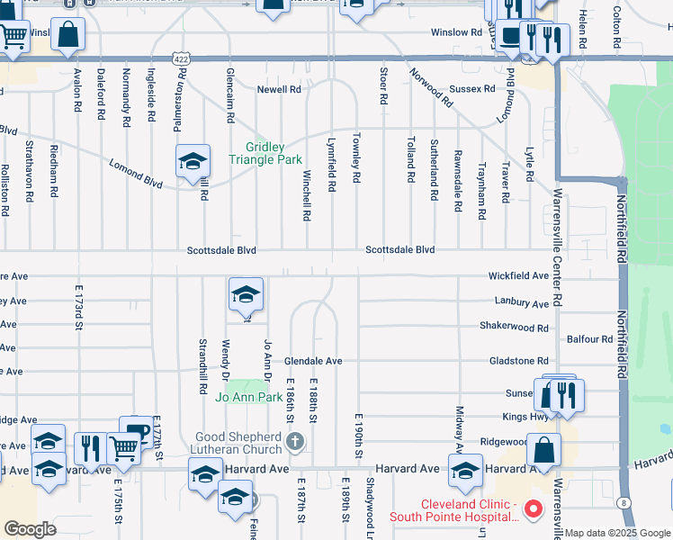 map of restaurants, bars, coffee shops, grocery stores, and more near 18907 Invermere Avenue in Cleveland