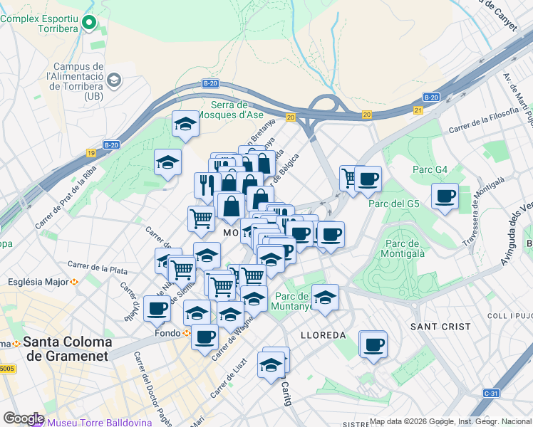 map of restaurants, bars, coffee shops, grocery stores, and more near 7 Avinguda de la Comunitat Europea in Badalona