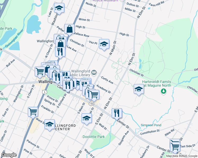 map of restaurants, bars, coffee shops, grocery stores, and more near 215 North Main Street in Wallingford