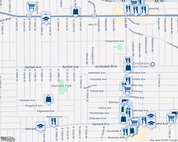 map of restaurants, bars, coffee shops, grocery stores, and more near 15509 Invermere Avenue in Cleveland