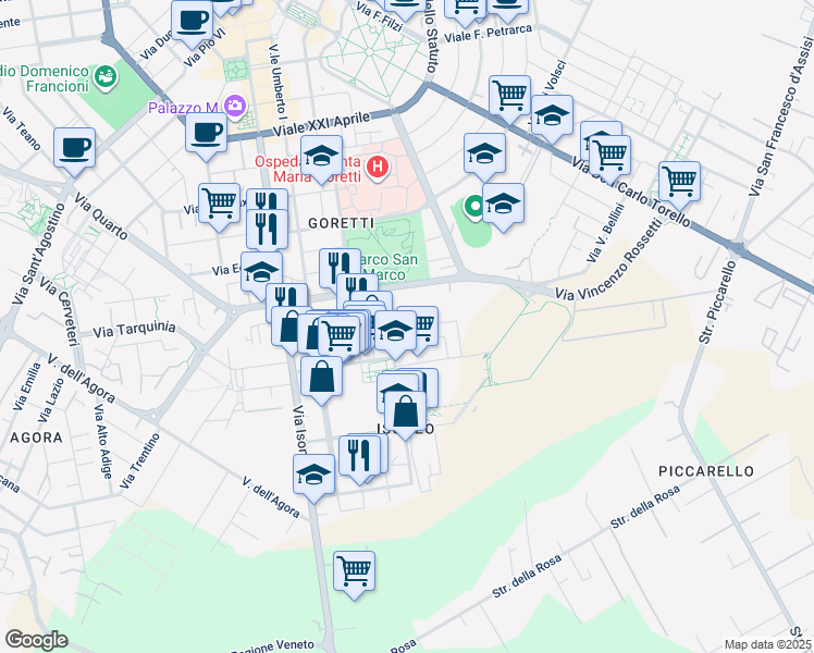 map of restaurants, bars, coffee shops, grocery stores, and more near 12 Via Sabaudia in Latina