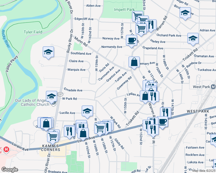 map of restaurants, bars, coffee shops, grocery stores, and more near 3516 Tuttle Avenue in Cleveland
