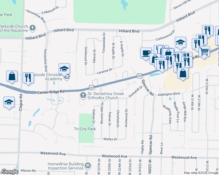 map of restaurants, bars, coffee shops, grocery stores, and more near 22603 Center Ridge Road in Rocky River