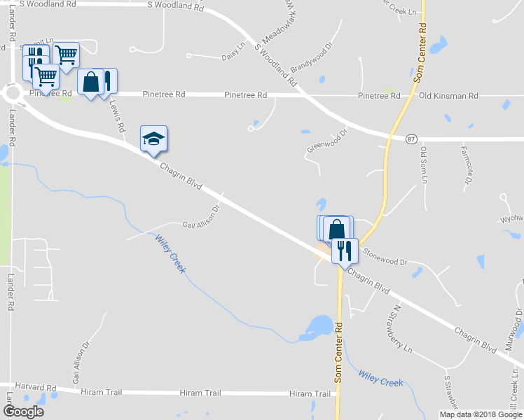 map of restaurants, bars, coffee shops, grocery stores, and more near 33305 Chagrin Boulevard in Moreland Hills