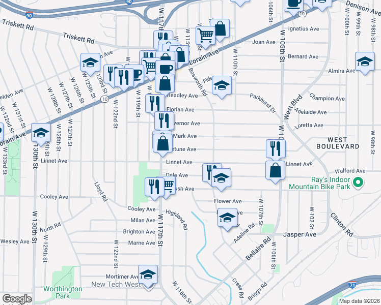 map of restaurants, bars, coffee shops, grocery stores, and more near 11401 Fortune Avenue in Cleveland