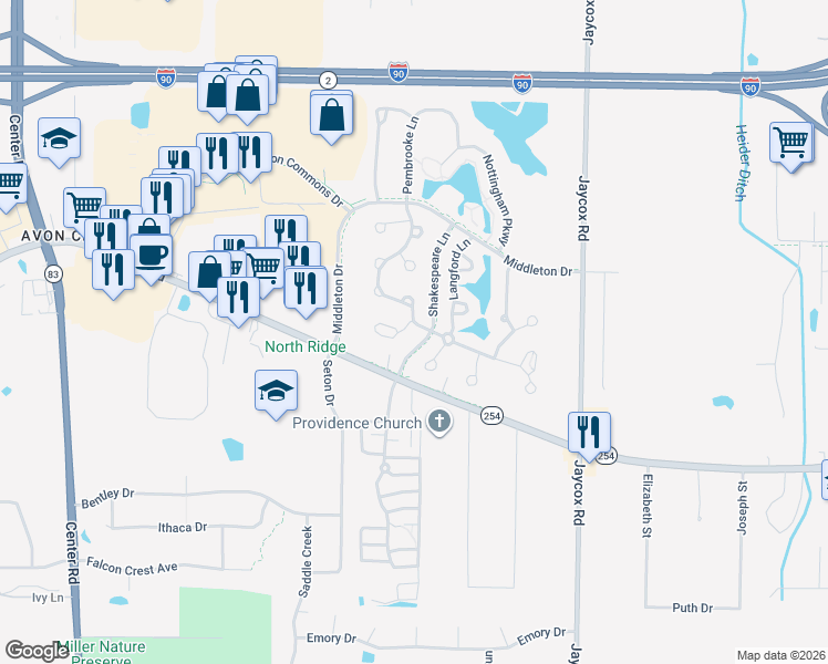 map of restaurants, bars, coffee shops, grocery stores, and more near 2401 Worthington Place in Avon