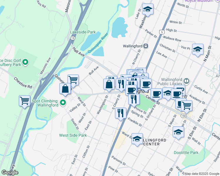 map of restaurants, bars, coffee shops, grocery stores, and more near 112 Washington Street in Wallingford