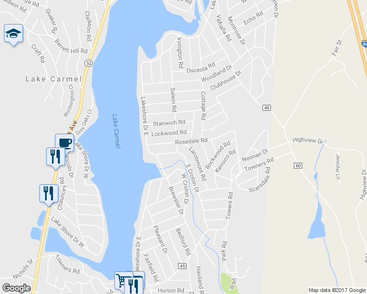 map of restaurants, bars, coffee shops, grocery stores, and more near 49 Larchmont Road in Carmel